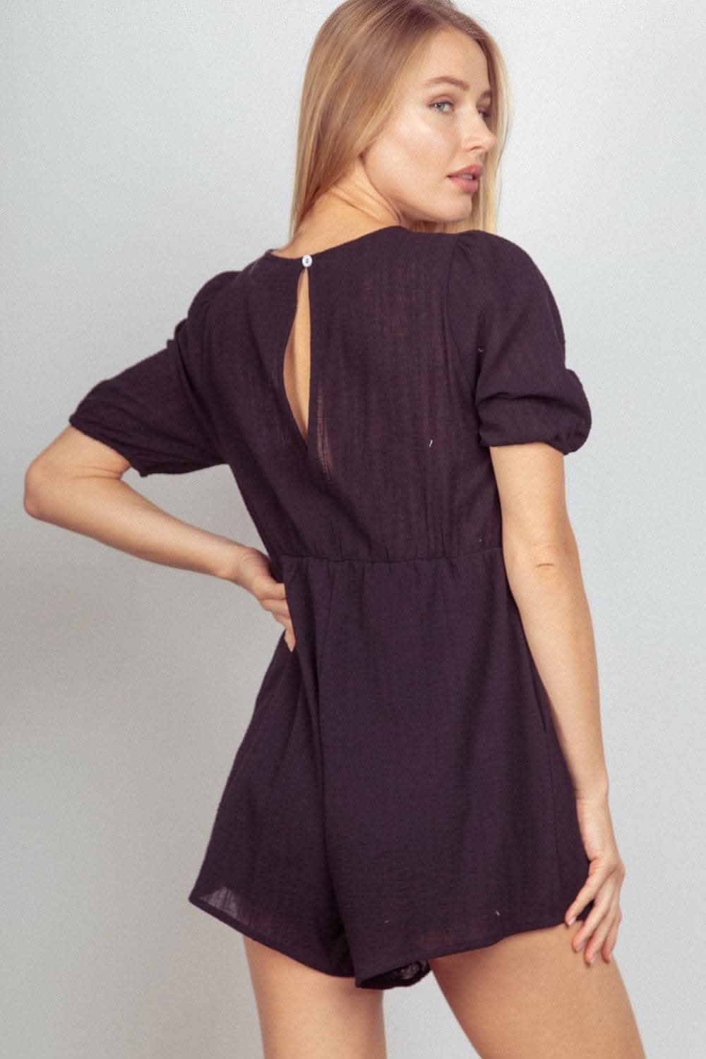 Chic lace puff sleeve romper with pockets - Love Salve